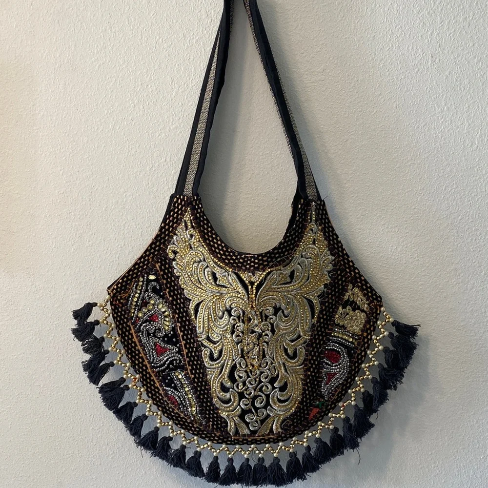 Embroidered Black and Gold Women's Bag - Picture 4 of 5